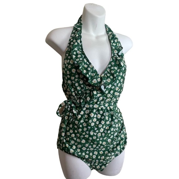 NWOT Modcloth Green One Piece Ditzy Daisies Floral Halter Ruffle Swimsuit Size L - Picture 9 of 11